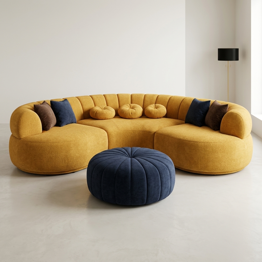 Sofá Modular Curvo Mostaza con Pouf Azul, Sofás de Diseño